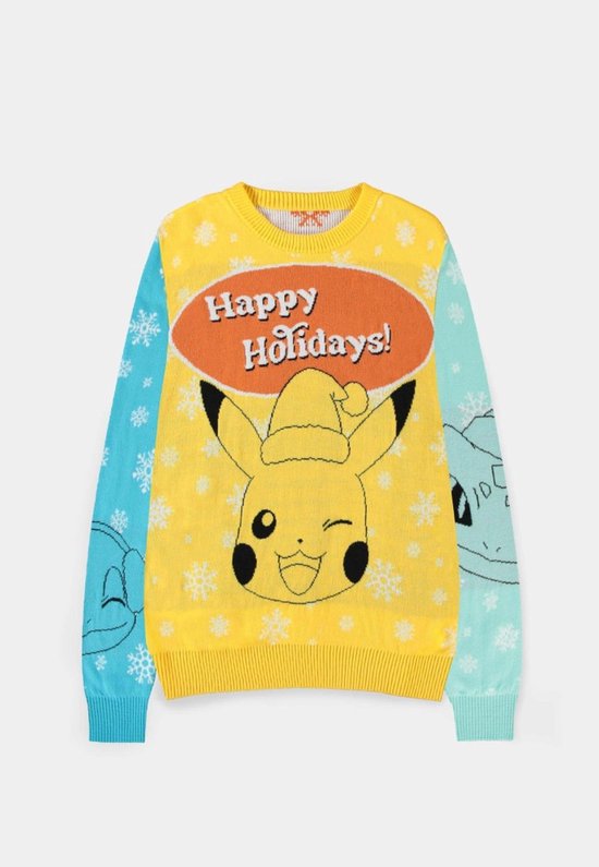 Gele kersttrui met aan de voorkant Pikachu met kerstmuts en 'Happy Holidays!' in oranje ovaal. Blauwe mouwen met Squirtle en witte sneeuwvlokken.