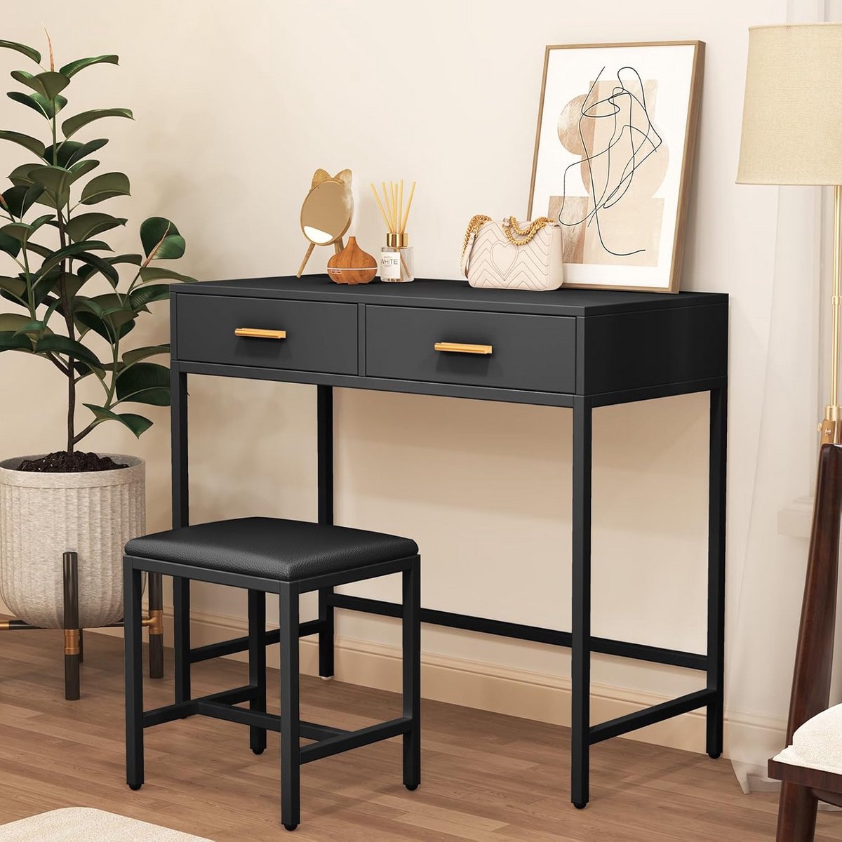 Make-uptafel met 2 lades en bijpassende kruk, Zwart