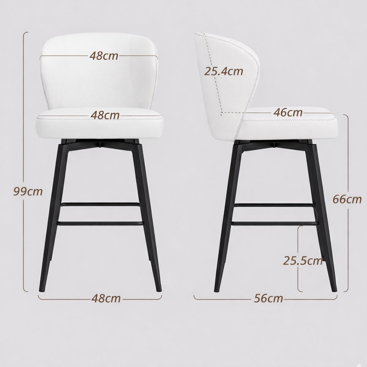 Barkrukken Set van 4 – House&Garden Luxe Draaibare Barstoelen met Rugleuning – 66 cm Zithoogte – Kunstleer Lichtgrijs – Metalen Frame – Mid-Century Modern Design