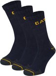 Drie donkerblauwe werksokken met gele CAT-letters en grijze en gele accenten bij de hiel en teen.