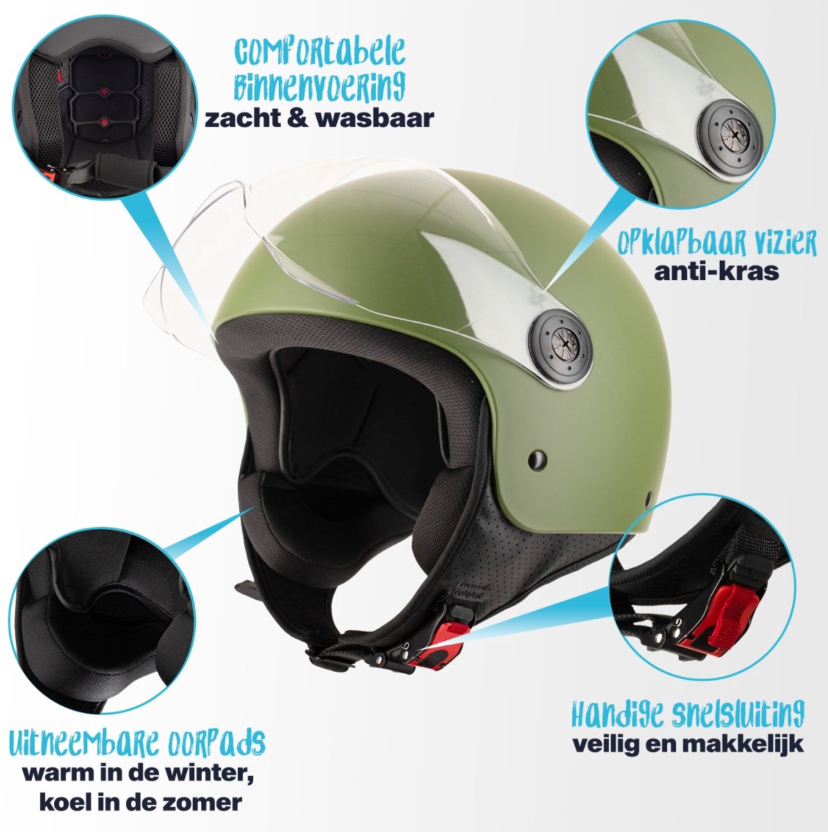 VINZ Duoro Jethelm met Vizier - Scooterhelm & Motorhelm & Brommerhelm - Lichtgewicht - Army Green - M – foto 2