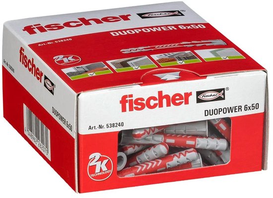 Doos fischer DuoPower 6x50mm met art.nr. 538240, inhoud zichtbaar: rode en grijze pluggen.