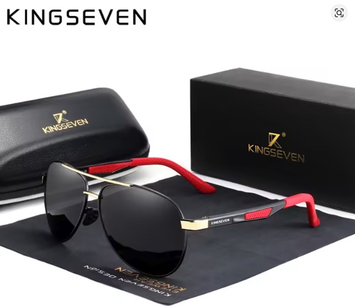 KINGSEVEN 7720 Unisex Zonnebril - Pilotenbril - Zwart Glas, Rood Frame & Luxe Verpakking