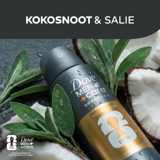 Dove Men+Care Advanced deodorant spray met kokosnoot en salie. Officieel sponsor van FIFA.