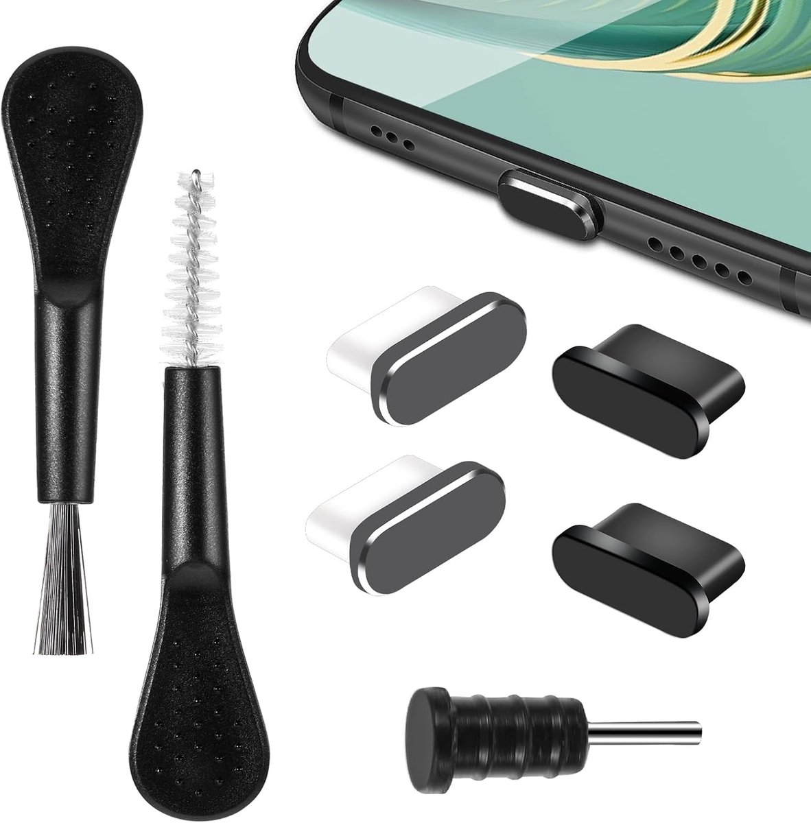 Daity 7-delige set voor het reinigen van mobiele oplaadpoorten - USB-C stofdichte dekselset - Type-C stofkap - met schoonmaakborstel - oplaadpoortbeschermkap (zwart)