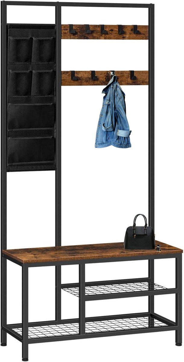 Signature Home Kapstok - garderobe - Staande Kapstok - kledingrek met 6 vakken en 9 haken - schoenenrek met zitvlak - zitbank - vintage bruin-zwart - 30x80x180 cm