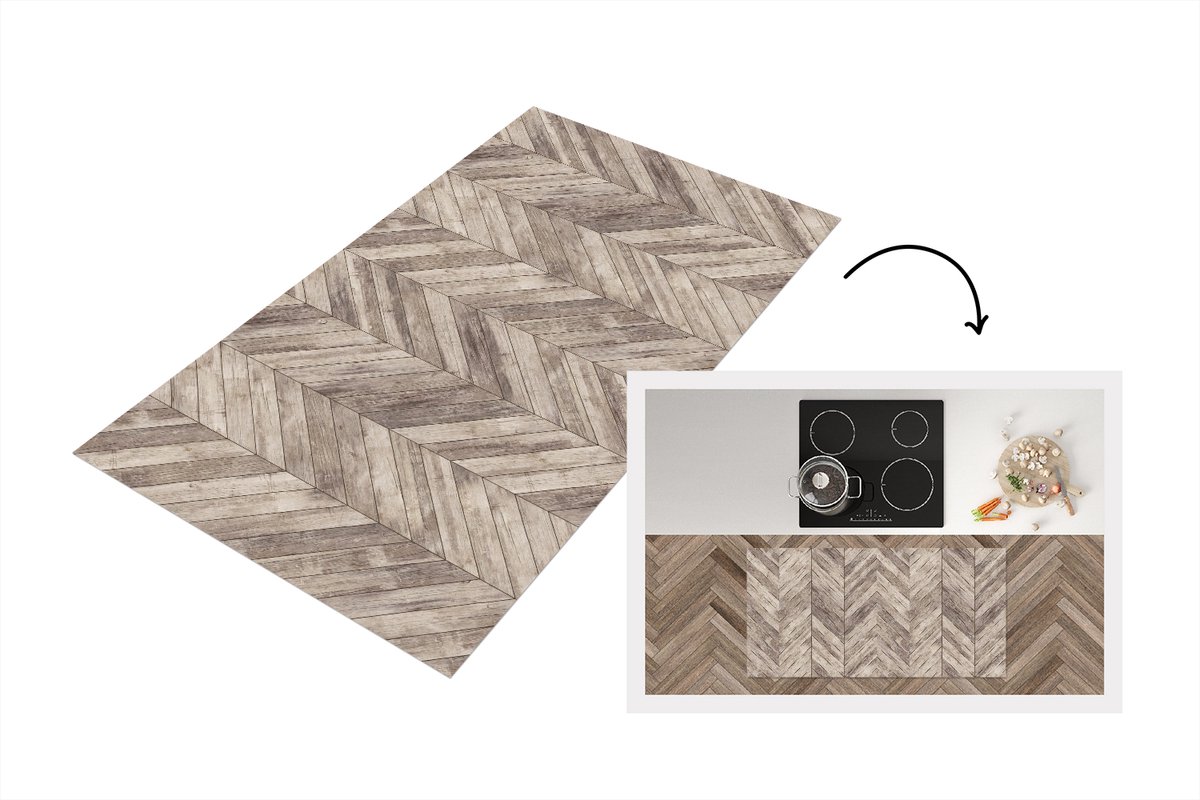 KitchenYeah Keukenloper 120x60 cm - Keukenmat vinyl Plank - Patronen - Brocante - Keukenmatten loper - Keuken vloerkleed tapijt Visgraat