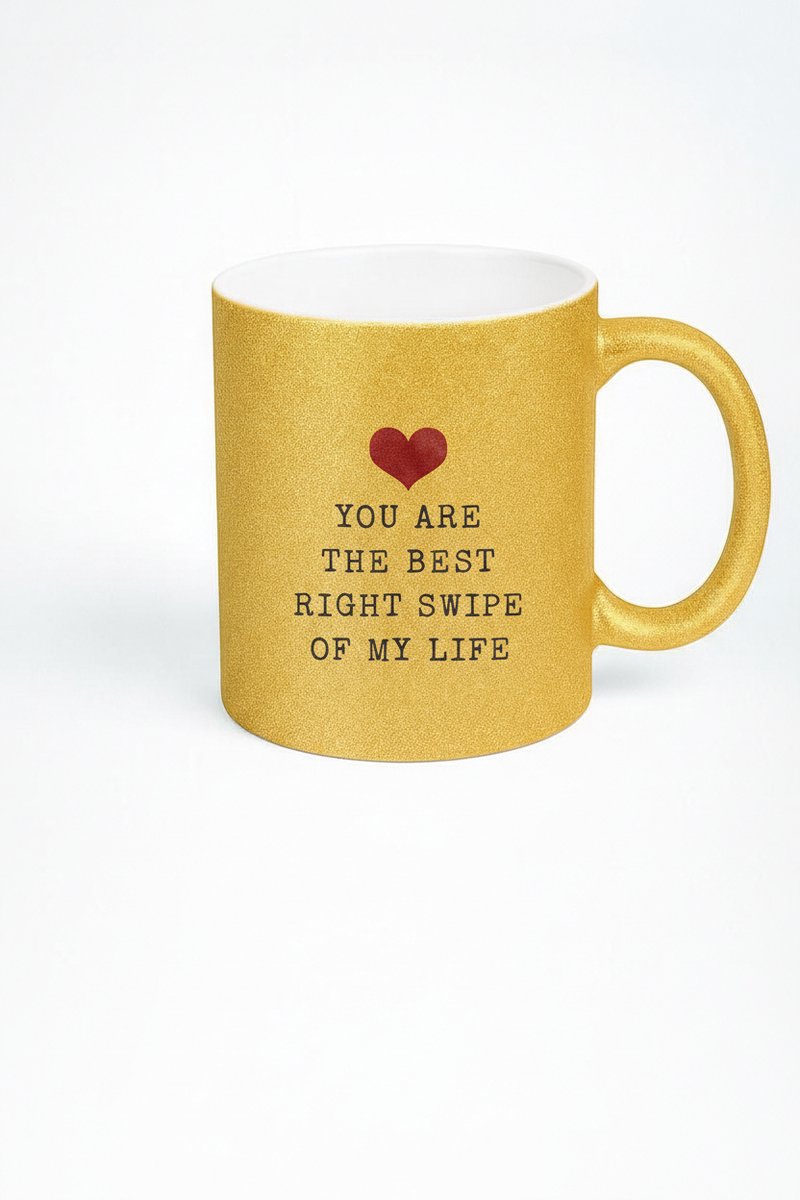 Gouden Glitter Mok met 'Best Right Swipe' Tekst - Romantisch Liefdes Cadeau