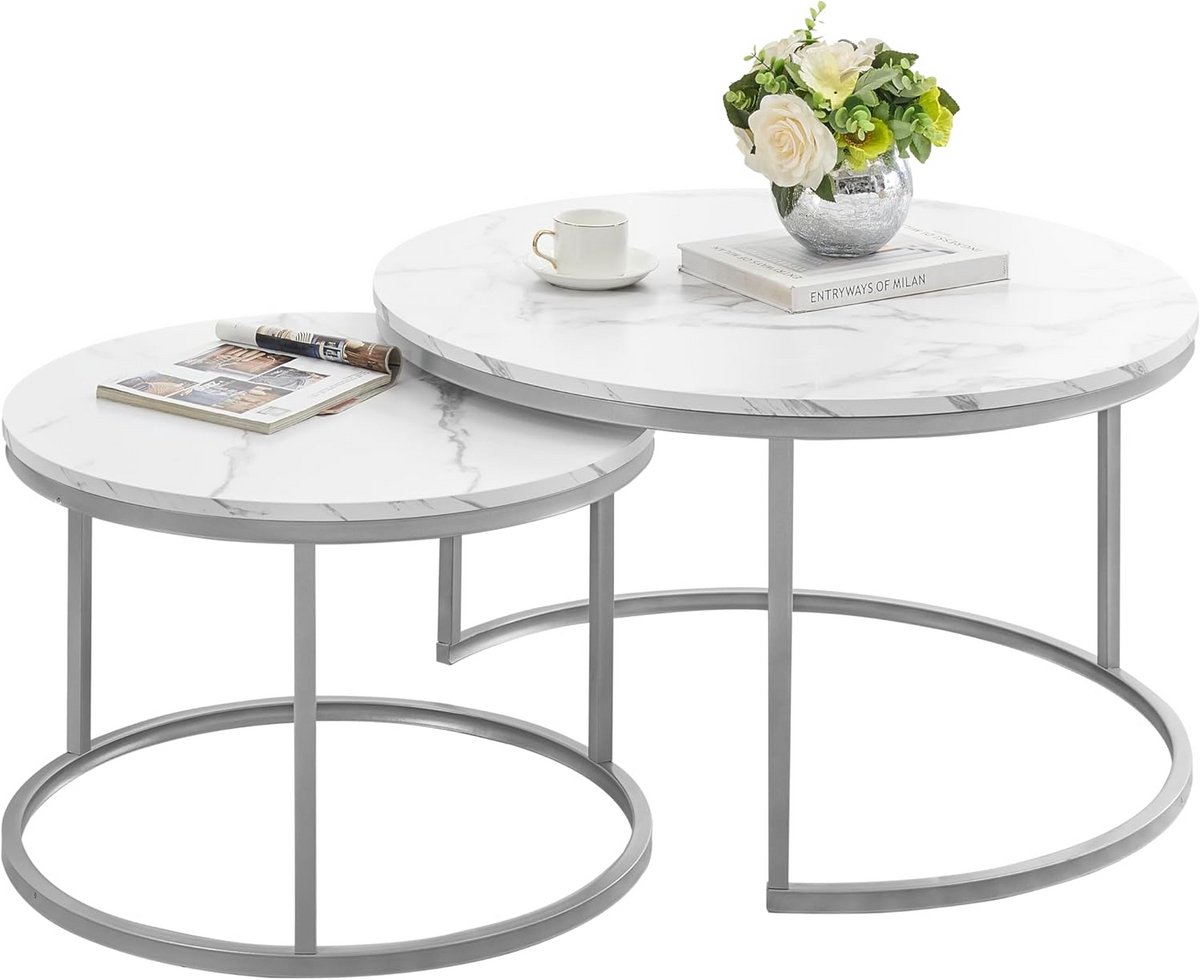 Ronde Salontafel Set van 2 met Marmerlook Tafelbladen Woonkamer