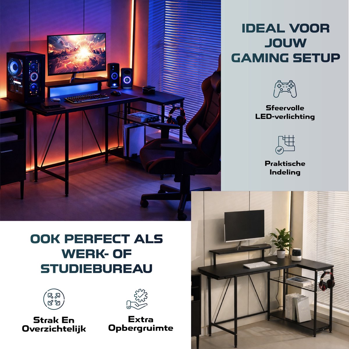 ADSafety L-Vormig Hoekbureau - 107x80x76 cm - Game Bureau met LED verlichting - Zwart Carbon - Gaming Bureau - Bureautafel - Computertafel thumbnail 4
