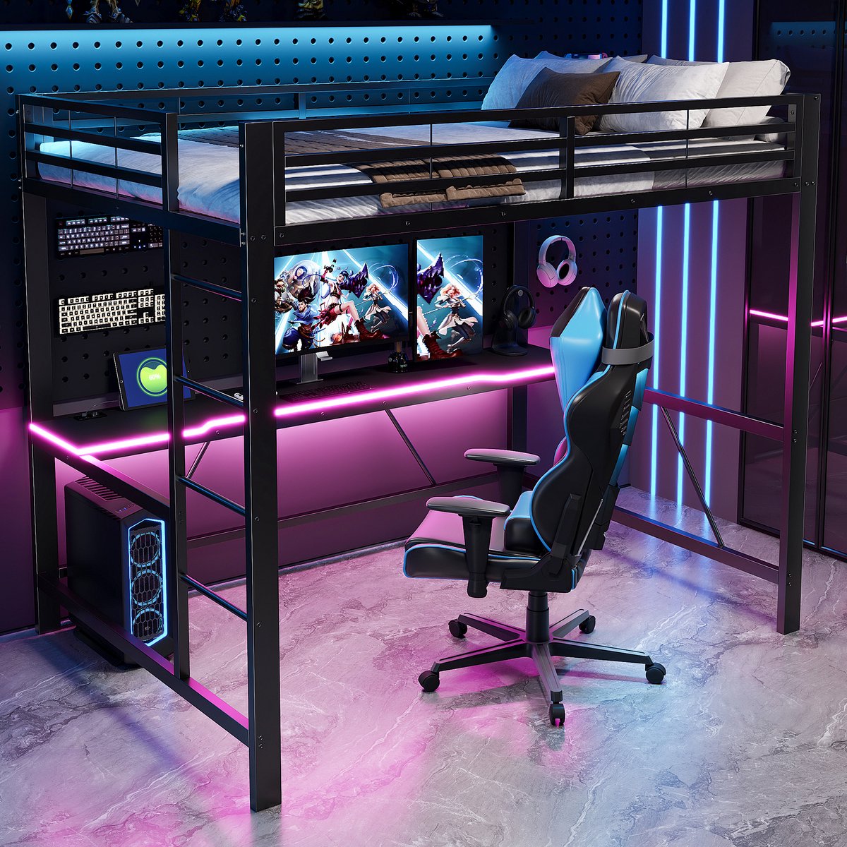 Hoogslaper, 140 x 200 cm Metalen Gaming Hoogslaperframe met Ledverlichting, USB-laadstation en Bureau, Zwart