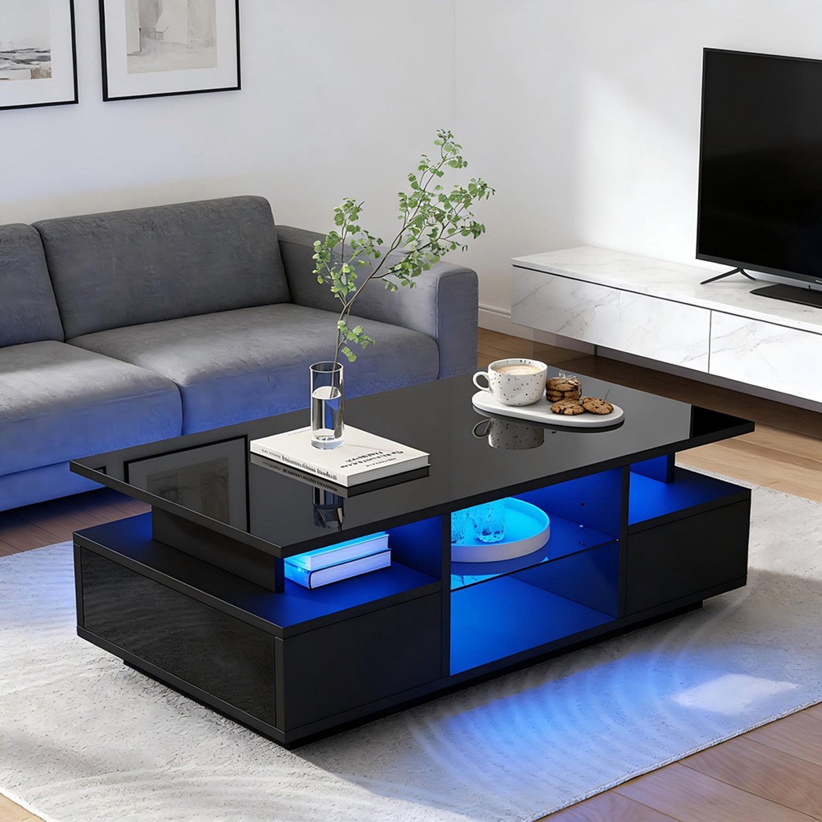 BLACKCOLORS Salontafel 100 x 50 x 36 cm met 2 lades, bijzettafel met LED-verlichting, salontafel met open opbergruimte, glazen scheidingswand, theetafel, banktafel, salontafel, zwart