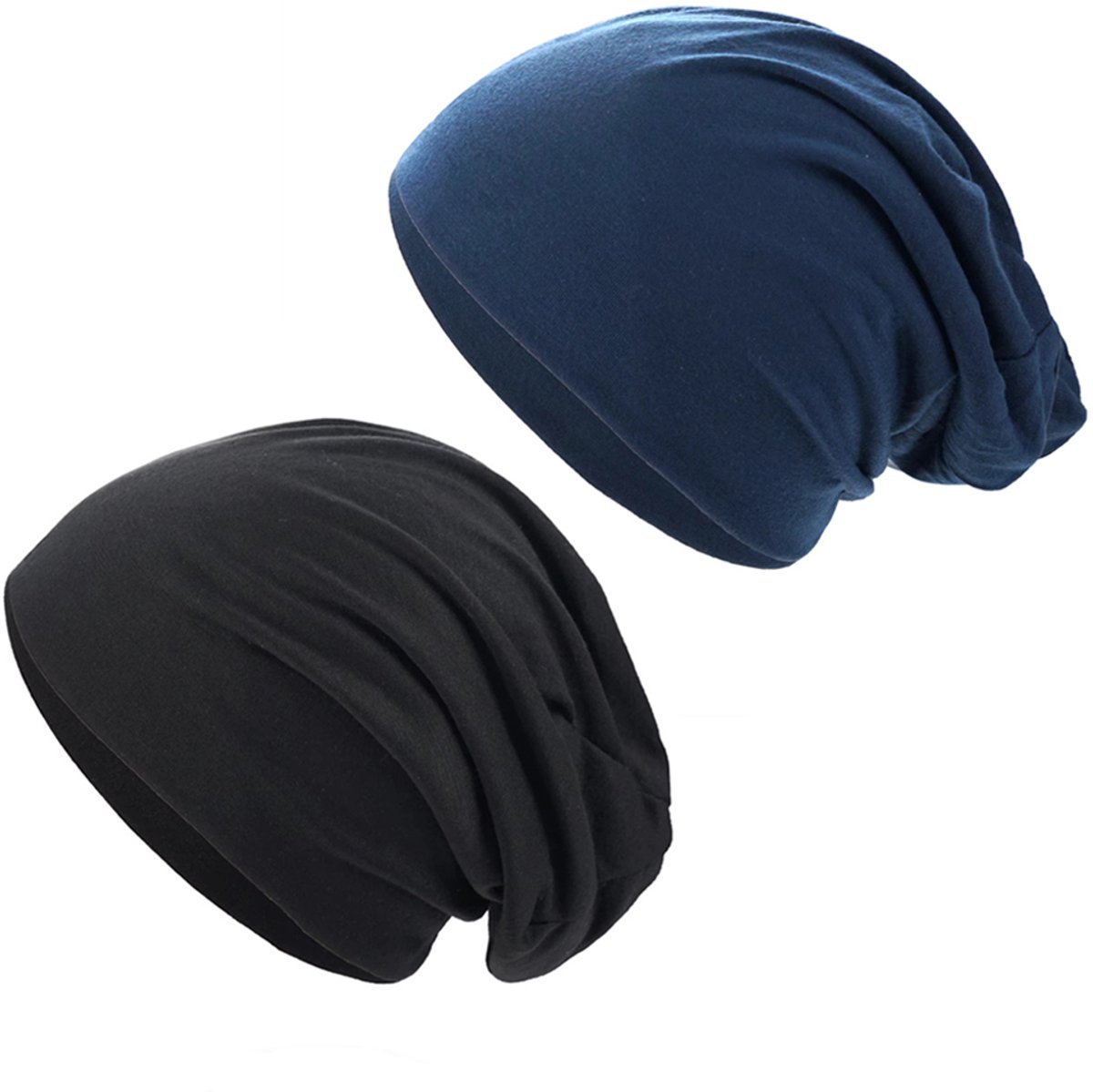Set van 2 mutsen voor mannen en vrouwen, zachte nonchalante mutsen, elastische hoeden, slappe schedelmuts, chemo-mutsen, modieuze, lichtgewicht muts voor dagelijks gebruik, Zwart + Marineblauw