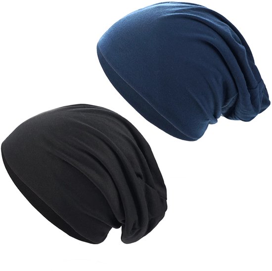 Set van 2 mutsen voor mannen en vrouwen, zachte nonchalante mutsen, elastische hoeden, slappe schedelmuts, chemo-mutsen, modieuze, lichtgewicht muts voor dagelijks gebruik, Zwart + Marineblauw