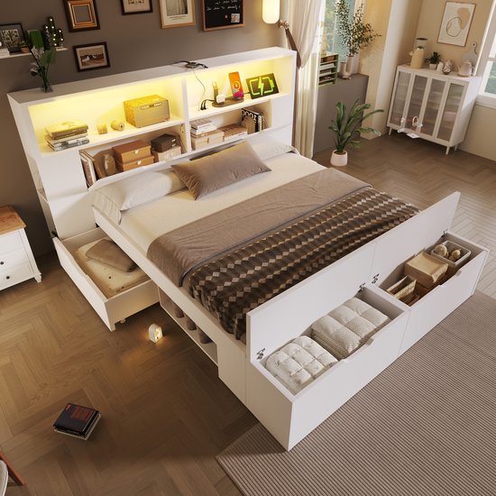REDOM Lit en Bois 140x200 Cm - Espace de Rangement Avec Tiroir Et Compartiments - Éclairage LED Avec USB-A Et USB-C - Blanc
