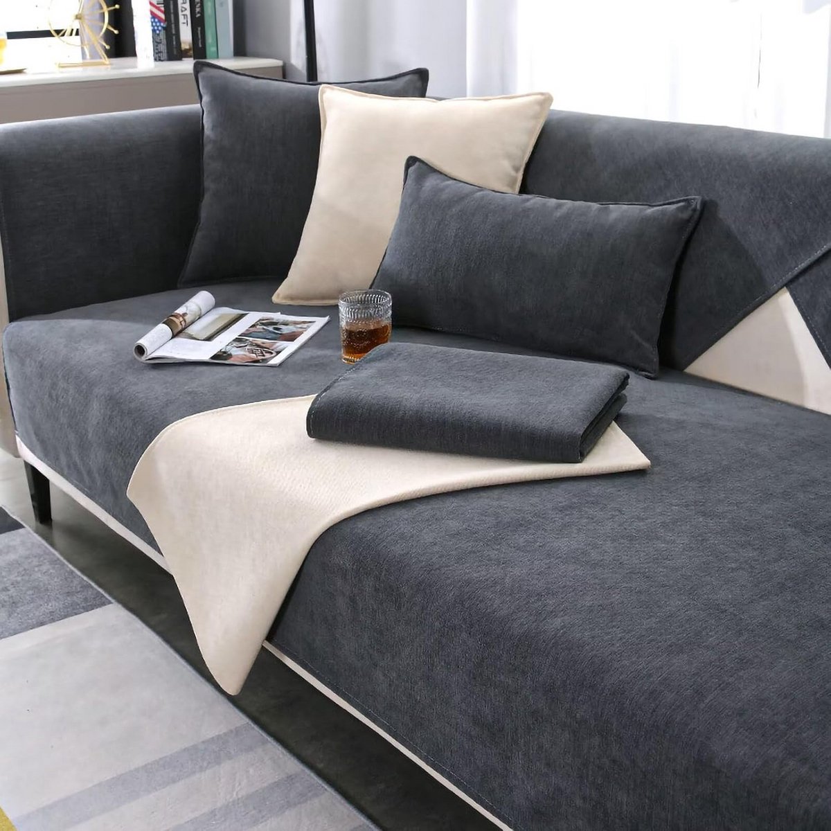 Antislip Bankhoes Plaid Donkergrijs - Universele Zomer & Winter Sofa Beschermdeken 70x120 cm