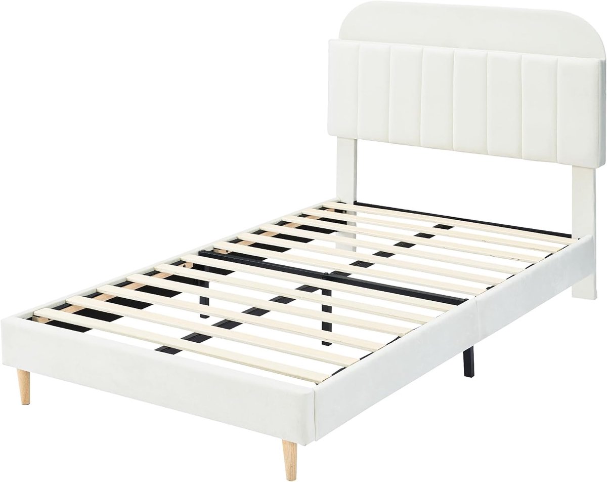 Eenpersoonsbed 100x190 cm - Fluweelen Bedframe met Boekenkast Hoofdbord - Wit - Inclusief Houten Lattenbodem