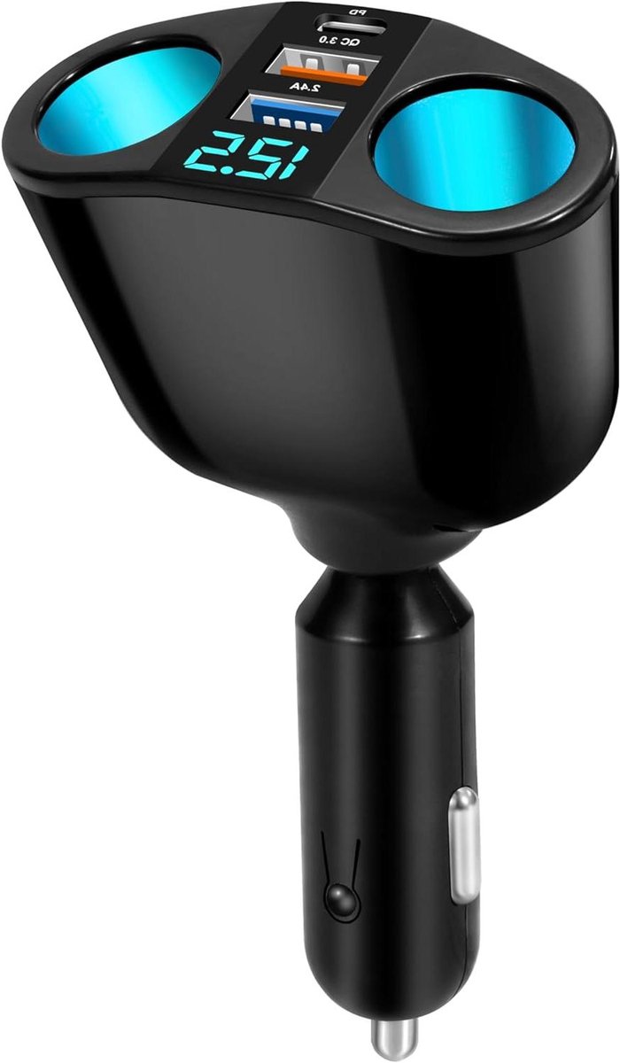 Autolader met LED-voltmeter en snel opladen voor mobiele telefoon en tablet