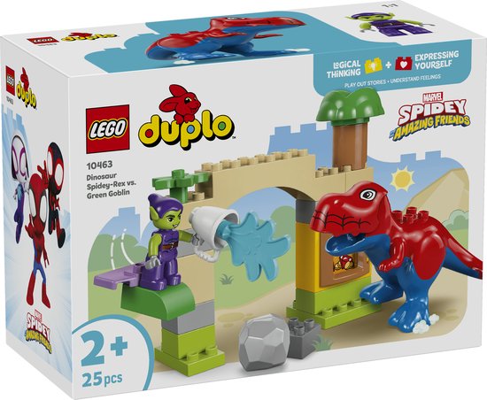 Doos van LEGO Duplo Spidey-Rex vs. Green Goblin met speelgoed.