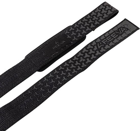 Close-up van zwarte lifting straps met honingraatpatroon en logo.