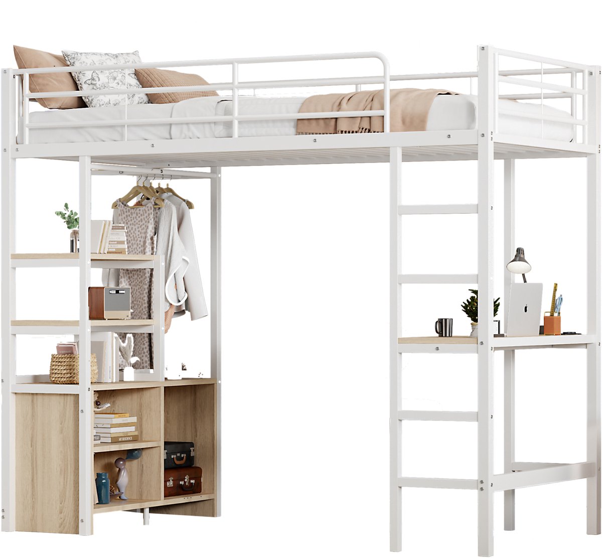 REDOM Metalen Hoogslaper met Bureau & Boekenkast (90x200) - Ruimtebesparend 3-in-1 Tienerbed met Stopcontact & USB - Wit