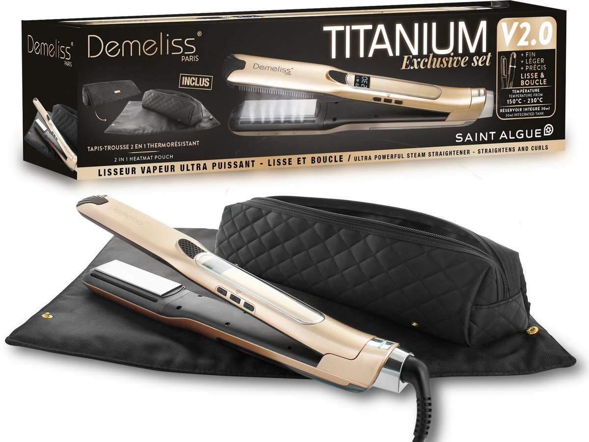 Stoomstijltangset + 2-in-1 mat en etui - SAINT ALGUE - Demeliss Exclusive Set Tita V2 - Titanium - Goud