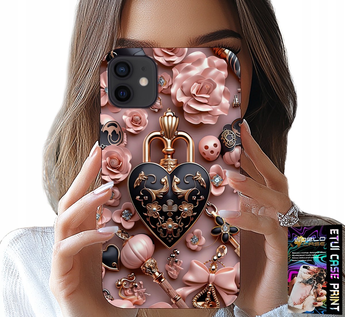 HOESJE VOOR IPHONE 13 MINI - VROUWELIJK PATROON HARTJE MET HANGSLOTJE + GLAS
