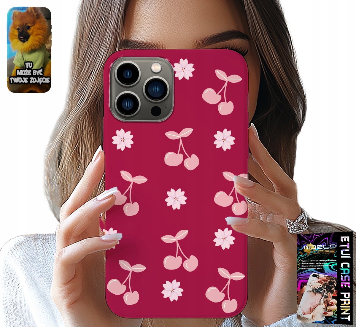 HOESJE VOOR IPHONE 13 PRO - KERSEN, KERSEN OP EEN BORDEAUXROOD ACHTERGROND + FILM
