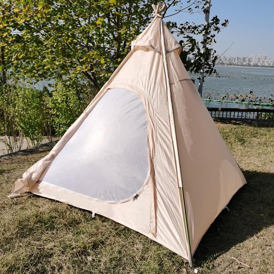 Outdoor Tipi Tent - Piramidetent Familietent - Kamperen en Spelen - Waterdicht 3000mm PU - 215x215x200cm - Beige van OutDoor — afbeelding 4