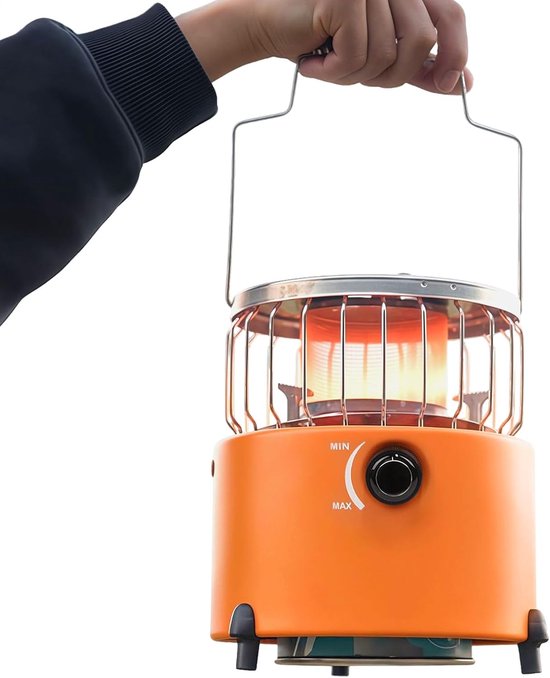Hand houdt oranje gaskachel vast met brandend element en regelknop.