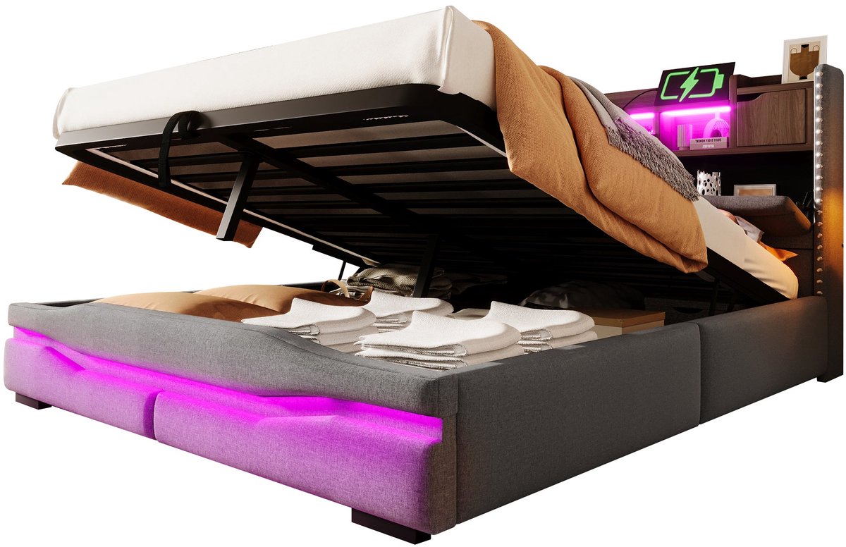 Merax Bed met Opbergruimte 160x200 - Gestoffeerd Bed - Linnen - Hydraulische Opbergruimte - LED Verlichting met Afstandsbediening - USB en Type C - Grijs