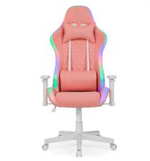 Roze gamerstoel met LED verlichting, Ranger logo op de rugleuning en twee kussens.