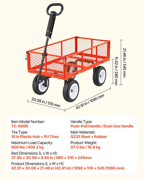 VEVOR Opvouwbare Wagen, 408,2 Kg Laadvermogen, Tuinwagen met PU-Banden, Handkar met Verstelbare Handgreep, Afneembare Zijpanelen, Transportwagen voor Bevestiging Aan ATV Of Tractor, Rood — afbeelding 5