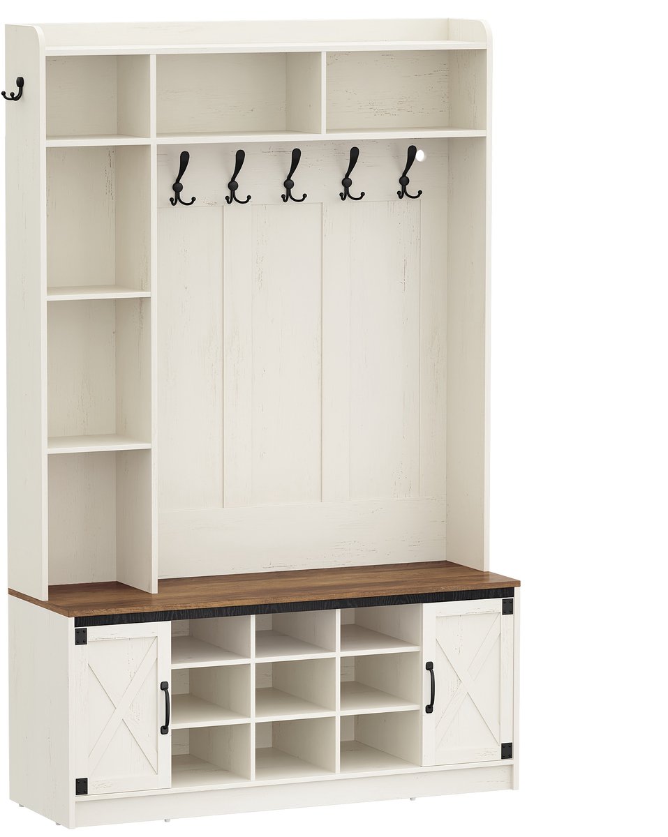 Schoenenkast-Kapstok met schoenenrek-entree kapstok met LED-verlichting-15 open planken-kapstok met verstelbare planken, 7 haken-Wit En Bruin.
