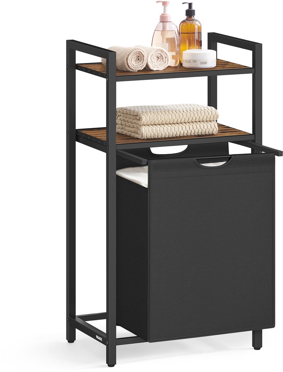 VASAGLE BLH212B01 - Wasmand met 2 Planken - Uittrekbare en Afneembare Waszak - 65 Liter Capaciteit