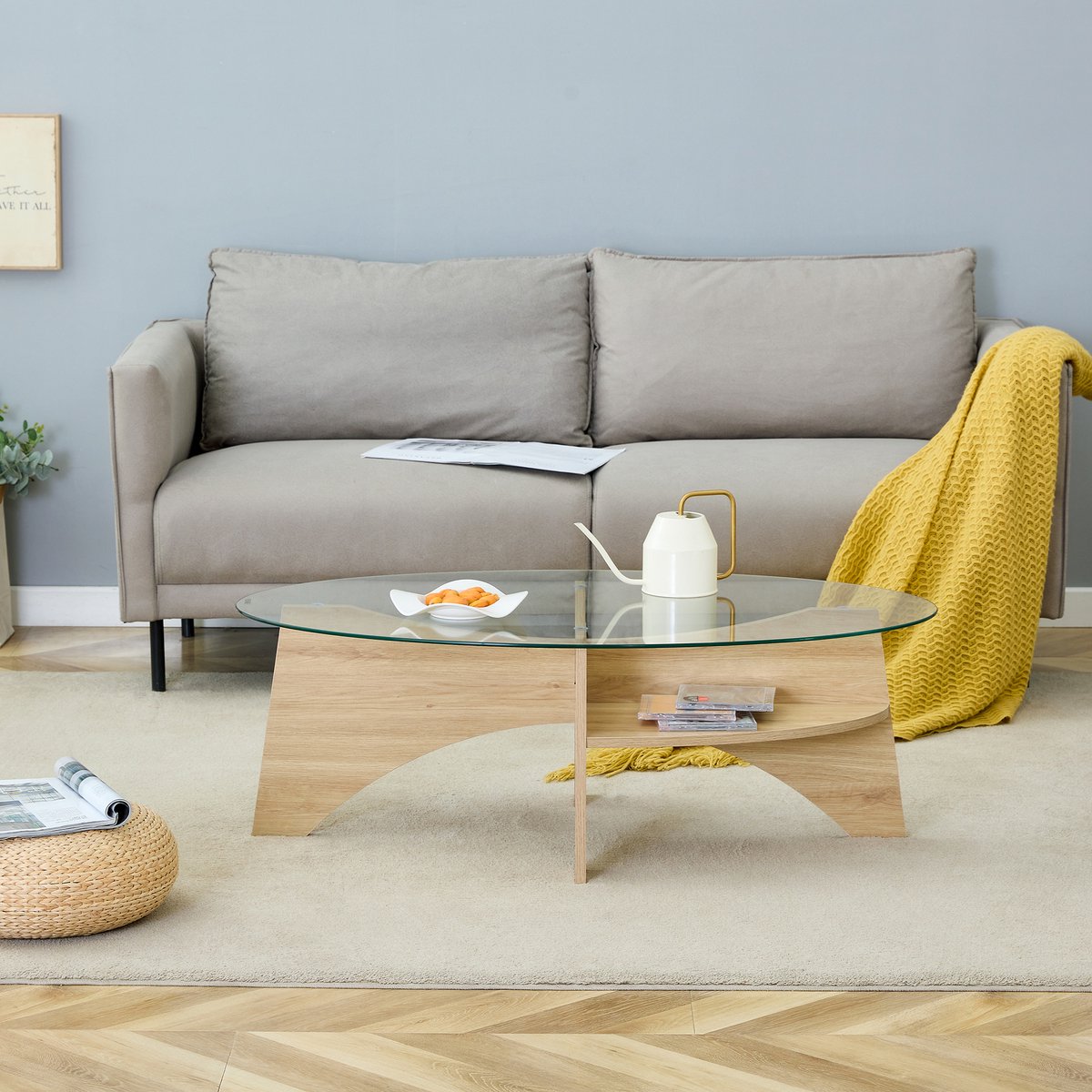 Wishdor Salontafel - Ovaal Veiligheidsglas Met Onderblad - Scandinavisch - Voor Woonkamer - MDF En Glas - Transparant En Houtkleurig Transparant + Hout