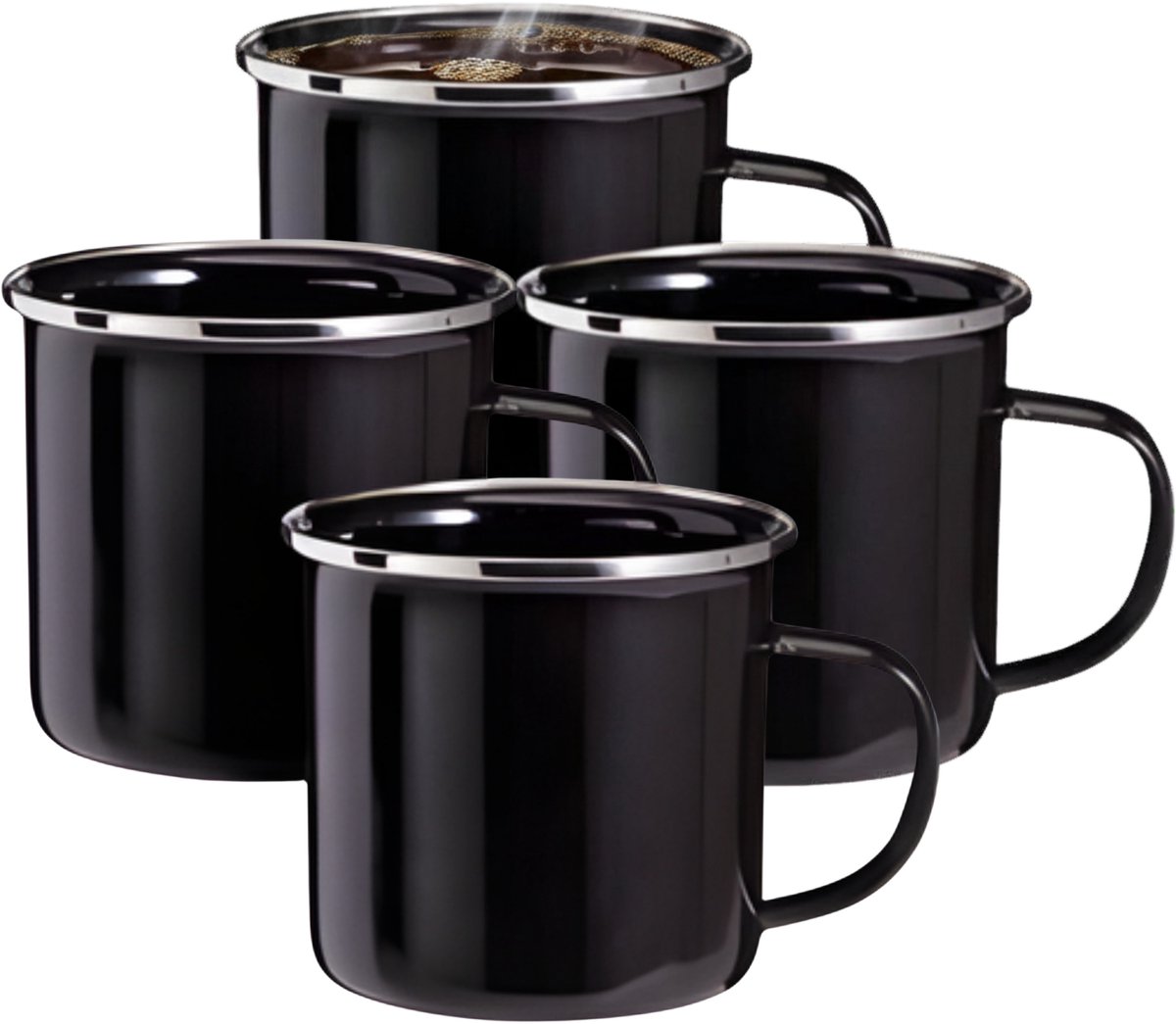 Redcliffs Drinkmokken - 8x stuks - zwart - 350 ml - emaille - kamperen/outdoor - mokken/bekers