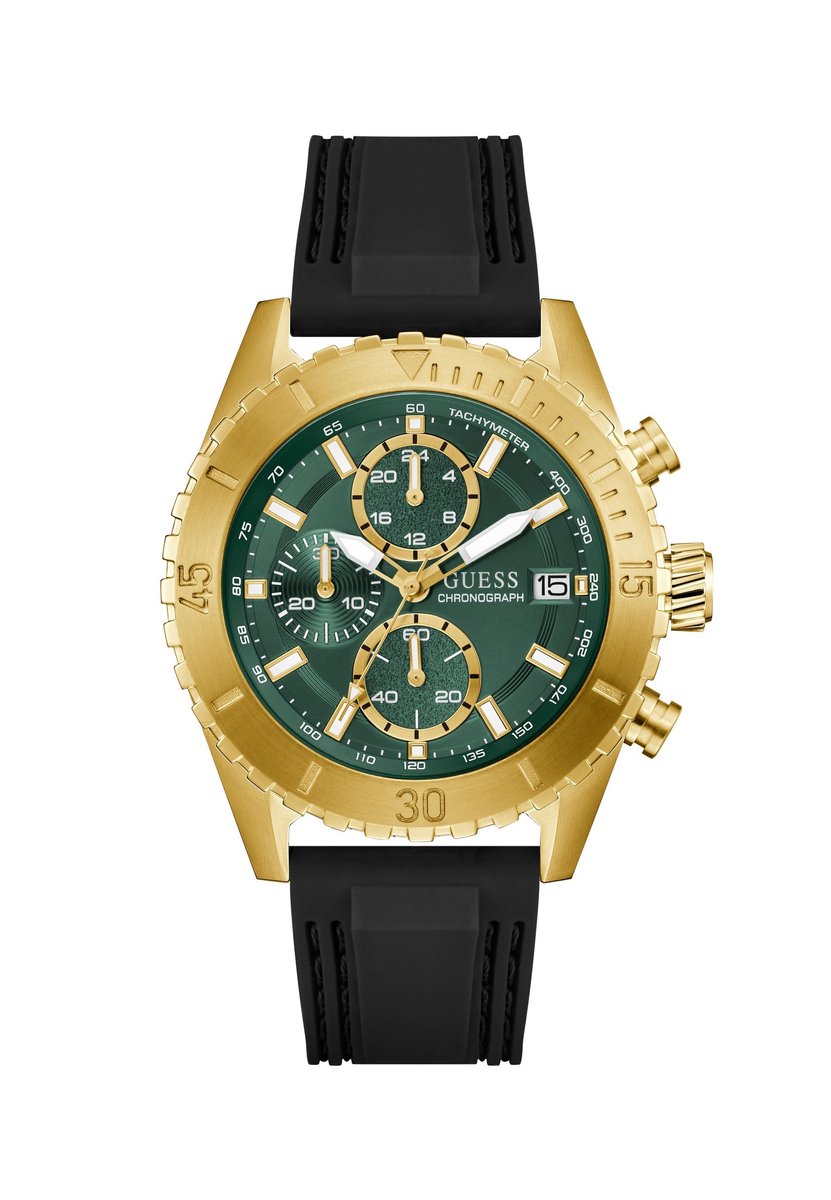 Guess Defender Quartz Chronograaf Horloge Zwart Kast: 100% Gerecycled Staal | Armband: 100% Siliconen 45 mm GW0967G2