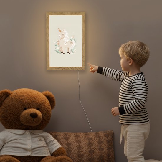 Nachtlampje 20x30 cm - Kinder lampje - Eenhoorn - Bloemen - Beige - Tafellamp kinderkamer - Slaapkamer lamp - Bedlamp kinderen - Kinderlampje stopcontact - Wandlamp babykamer - Nachtlampjes van Merkloos — afbeelding 5