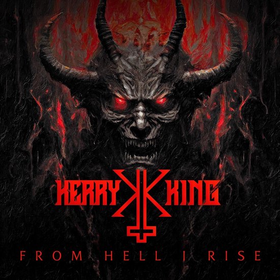 Albumcover met demonengezicht, gloeiende rode ogen, hoorns en de tekst 'KERRY KING FROM HELL I RISE'.