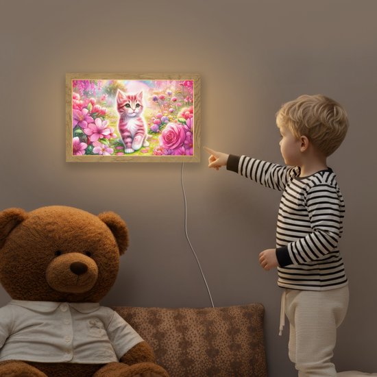 Nachtlampje 30x20 cm - Kinder lampje - Kitten - Roze - Kat - Regenboog - Bloemen - Tafellamp kinderkamer - Slaapkamer lamp - Bedlamp kinderen - Kinderlampje stopcontact - Wandlamp babykamer - Nachtlampjes van Merkloos — afbeelding 5