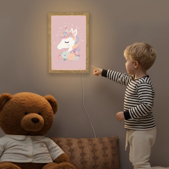 Nachtlampje 20x30 cm - Kinder lamp - Eenhoorn - Roze - Bloemen - Tafellamp kinderkamer - Slaapkamer lamp - Bedlamp kinderen - Kinderlampje stopcontact - Wandlamp babykamer - Nachtlampjes van Merkloos — afbeelding 5