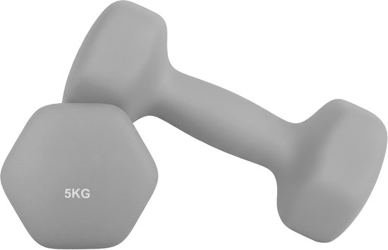 Lichtgrijs 5kg haltertje met zeshoekige uiteinden, op een witte achtergrond.