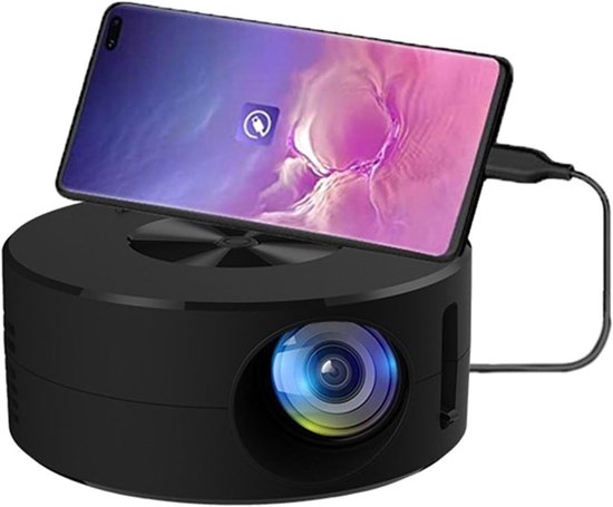 Mini projector 1080P draagbaar zwart, compacte beamer met USB, screen mirroring, rond design, voor smartphone en kinderen