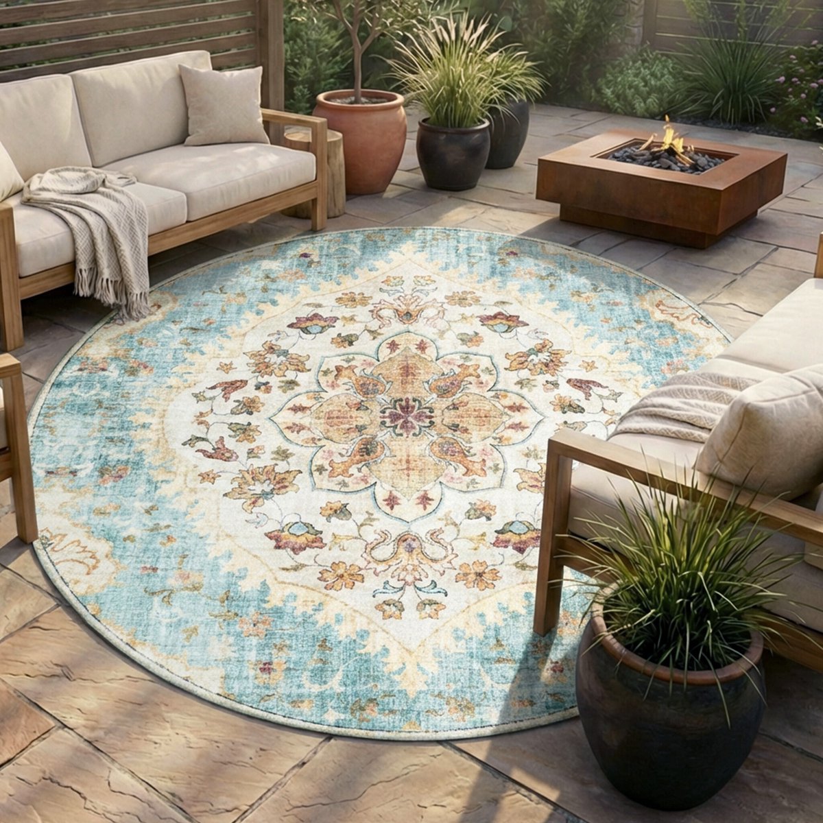 Fraai Rond vintage buitenkleed - Santo Mandala Lichtblauw - Ø 160cm