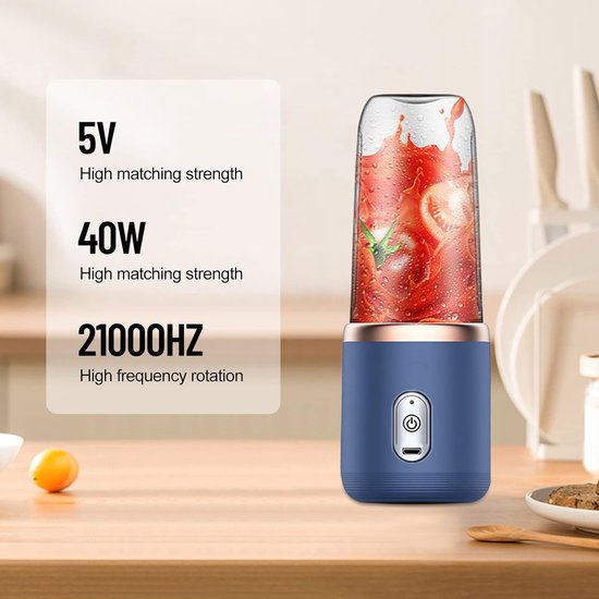 Draagbare Blender - 400ml - Incl. To Go Bekers - 6 Mesjes - Blender To Go -Smoothie Maker - Portable Blender - Oplaadbare mini Blender - USB-C - Oplaadbare Blenders - Draadloze Smoothie - Shake Maker - Voor milkshakes, sappen, smoothies - Blauw van Merkloos — afbeelding 5