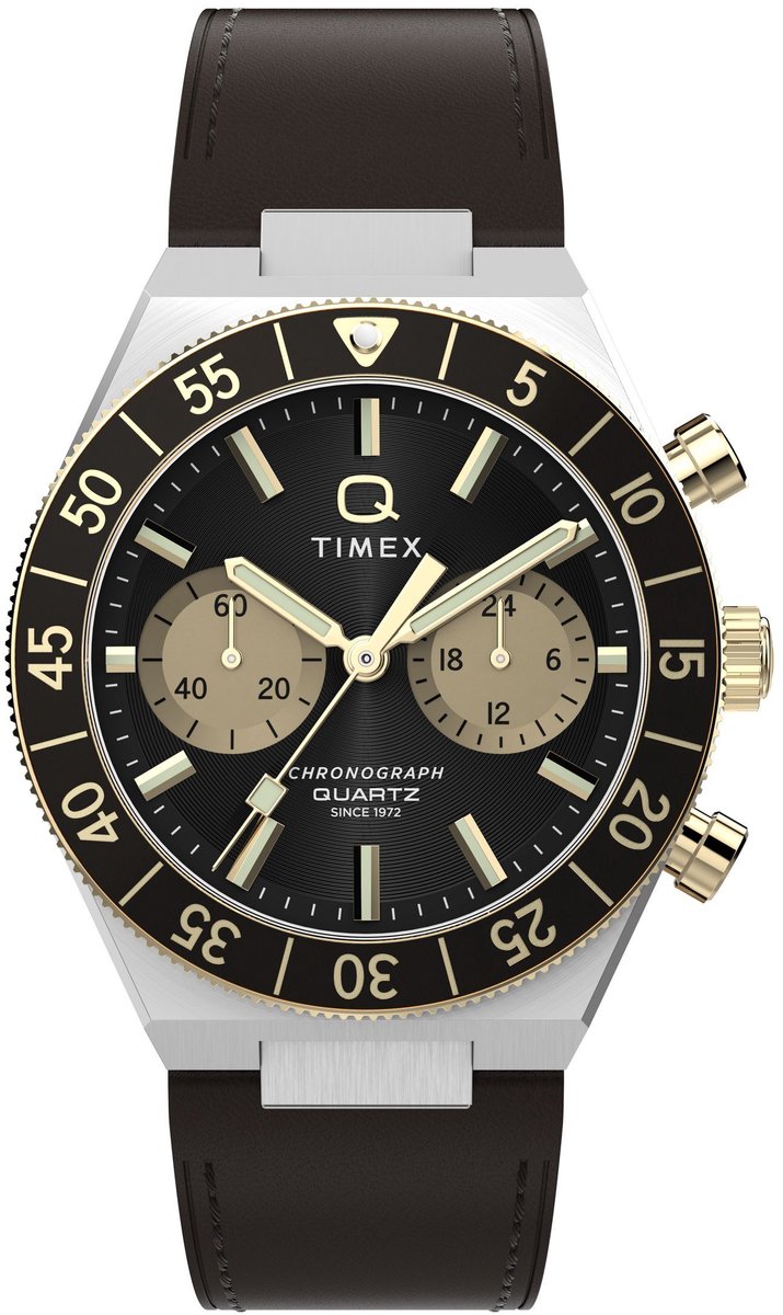 Timex Q Timex Continental Chronograph Quartz Analoog Horloge Brown Kast: 100% Roestvrij Staal | Armband: 100% Leer 40 mm TW2Y56000AJ