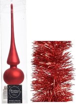 Kerstversiering glazen piek mat 26 cm en folieslingers pakket rood van 3x stuks - Kerstboomversiering