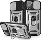 Hoesje Geschikt voor iPhone 13 Pro Max Hoesje met Camera Bescherming Zilver – met ring houder Rugged Armor Back Cover - Case - Camera Schuif