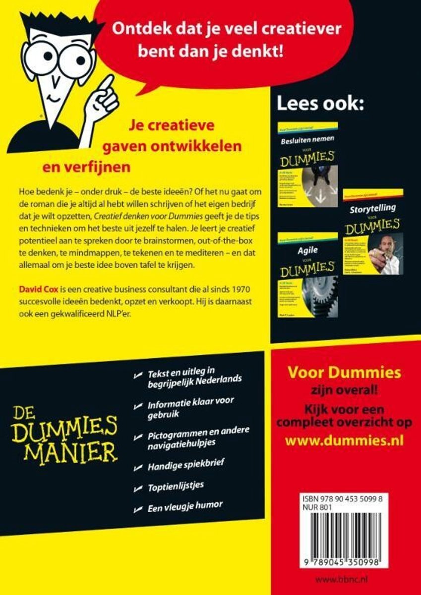 Boek "De Dummies manier" met illustratie van man met bril en tekst "Ontdek dat je veel creatiever bent dan je denkt!"